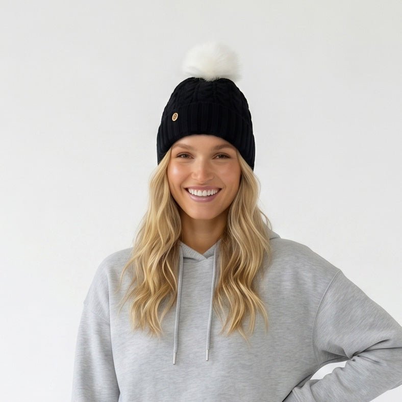 Woman's Knit Hat with Pom Pom and Fleece Lining - Black and White - Heritage Of Scotland -