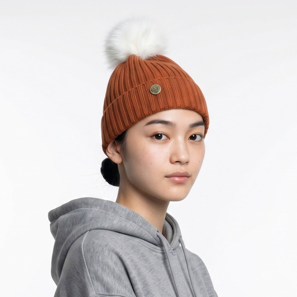 Woman's Knit Hat with Pom Pom and Fleece Lining - Mocha and White - Heritage Of Scotland -