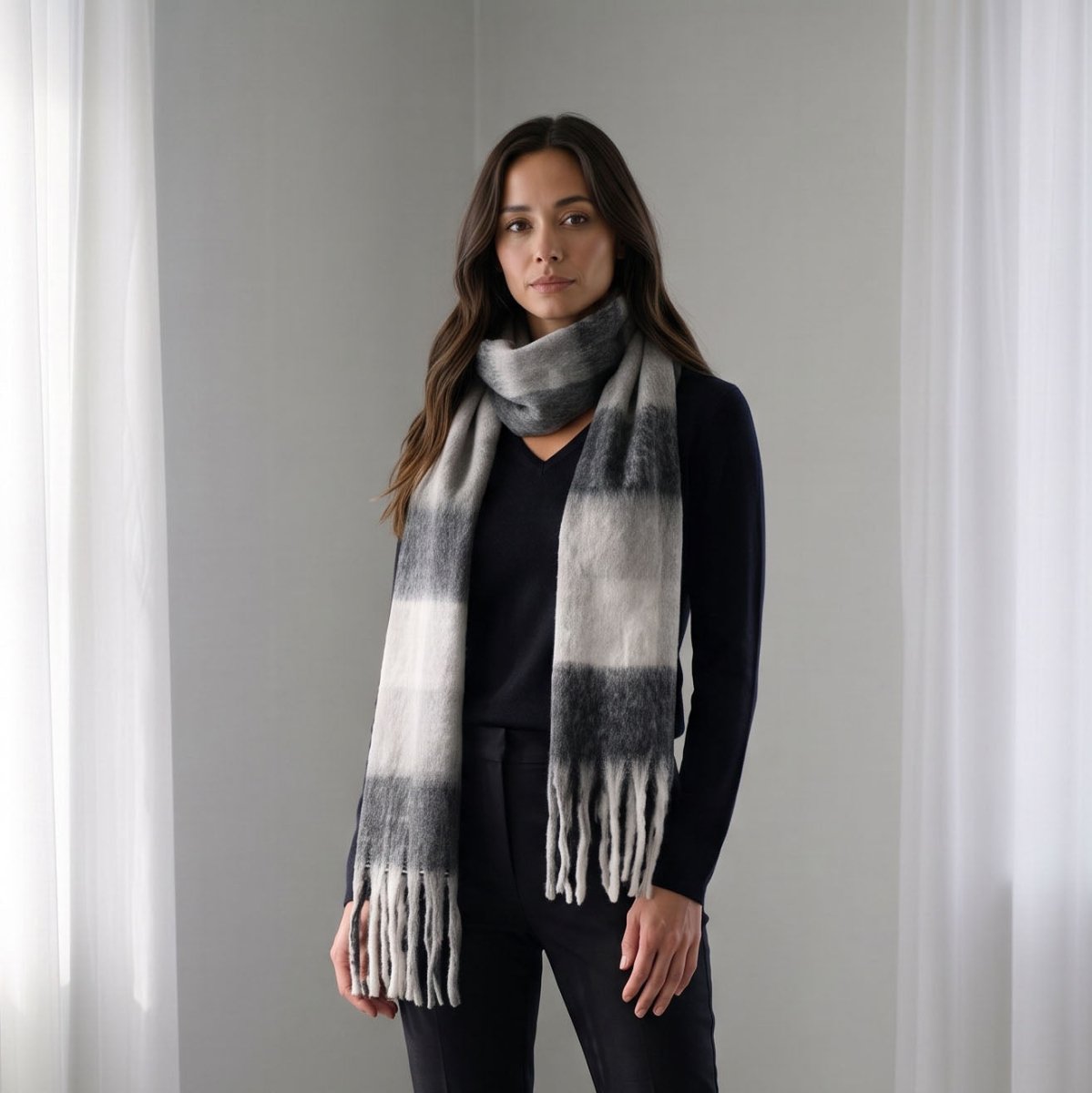 Women’s Soft Check Scarf – Oversized Plaid Winter Wrap with Tassel Fringe - Grey Check - Heritage Of Scotland -