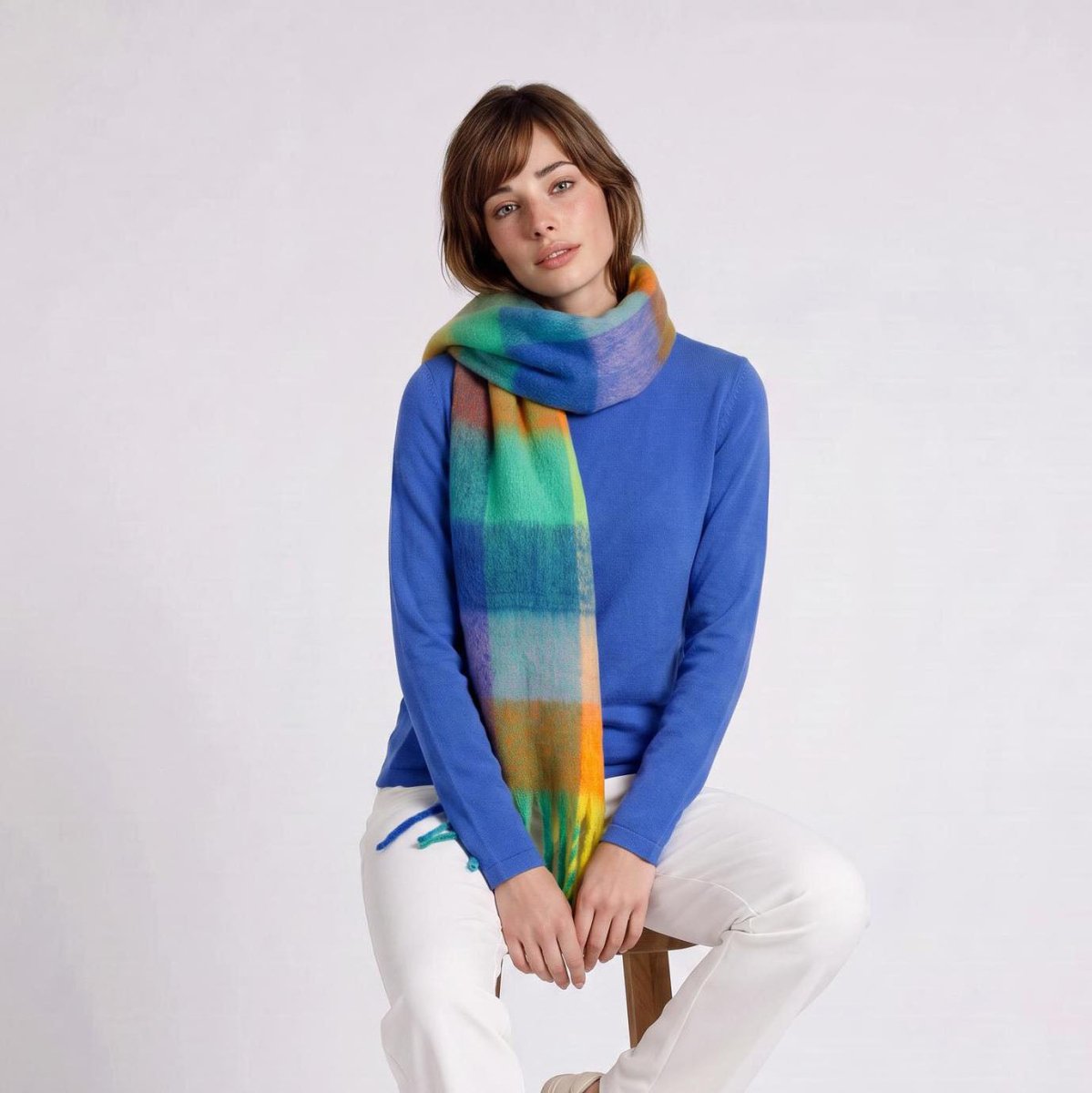 Women’s Soft Check Scarf – Oversized Plaid Winter Wrap with Tassel Fringe - Multi Check - Heritage Of Scotland -