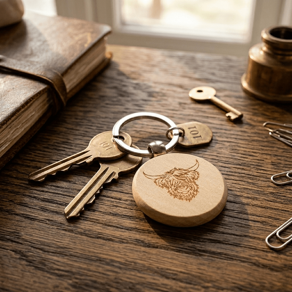 Wooden Highland Cow Keyring – Engraved Scottish Souvenir Natural Wood Keychain - Heritage Of Scotland -