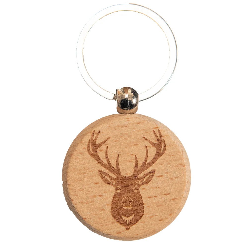 Wooden Stag Keyring – Engraved Scottish Deer Natural Wood Keychain Souvenir - Heritage Of Scotland -