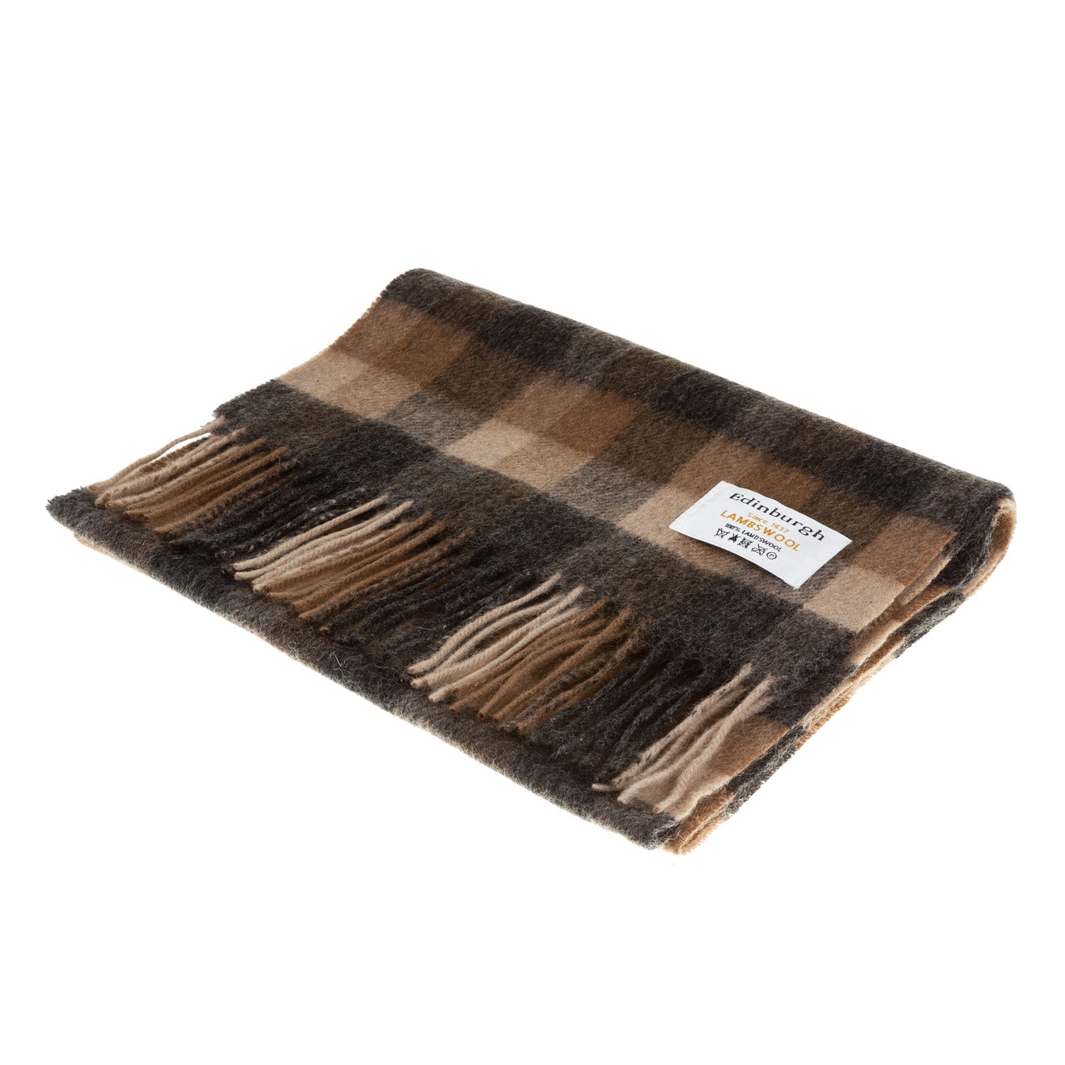 Edinburgh 100% Lambswool Scarf Big Check Natural Brown - Heritage Of Scotland - BIG CHECK NATURAL BROWN