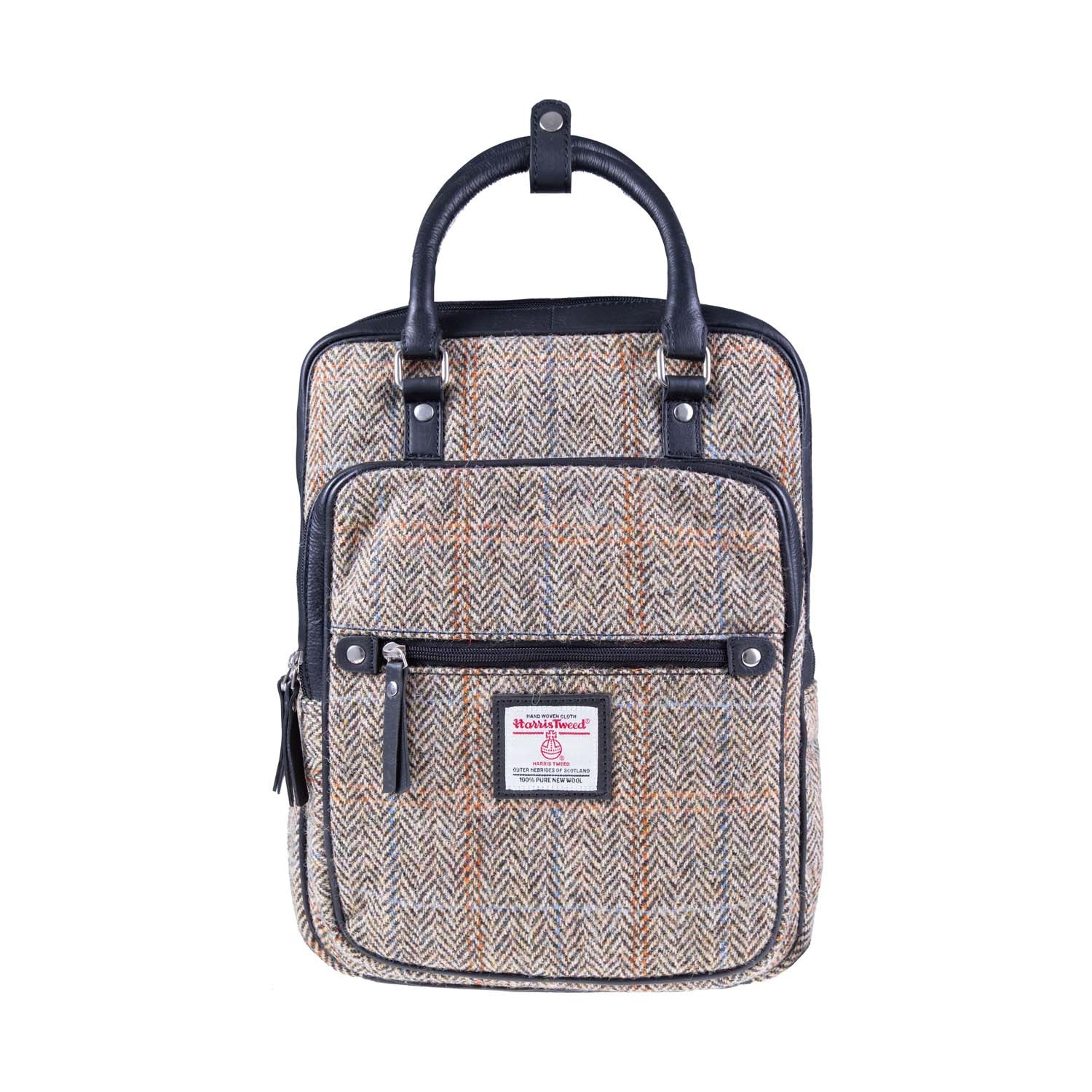 Ht Leather Large Backpack Tan & Brown Herringbone / Black - Heritage Of Scotland - TAN & BROWN HERRINGBONE / BLACK