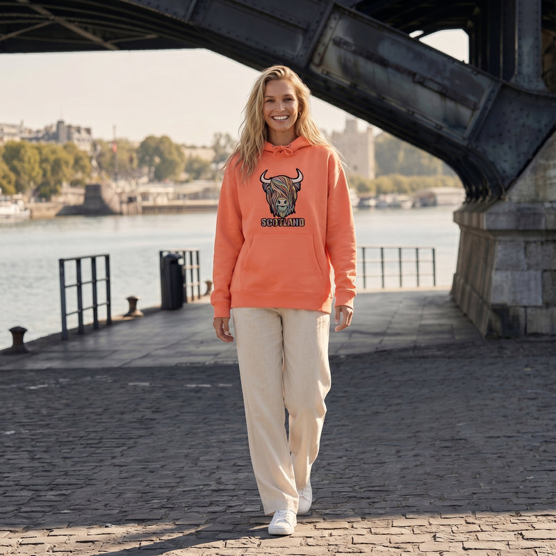 Adults Pastel Highland Cow Hooded Top - Coral
