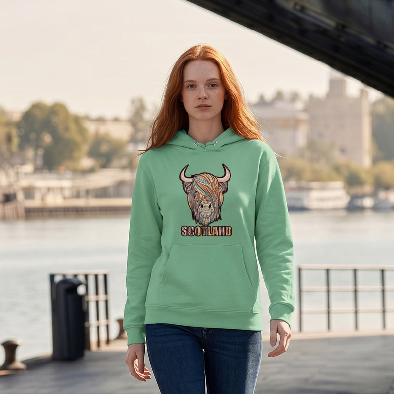 Adults Pastel Highland Cow Hooded Top Green