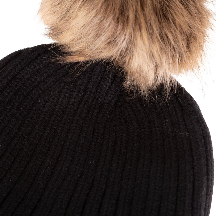 100% Acrylic Rib Pom Hat Fleece Band Black/Natural Mix - Heritage Of Scotland - BLACK/NATURAL MIX