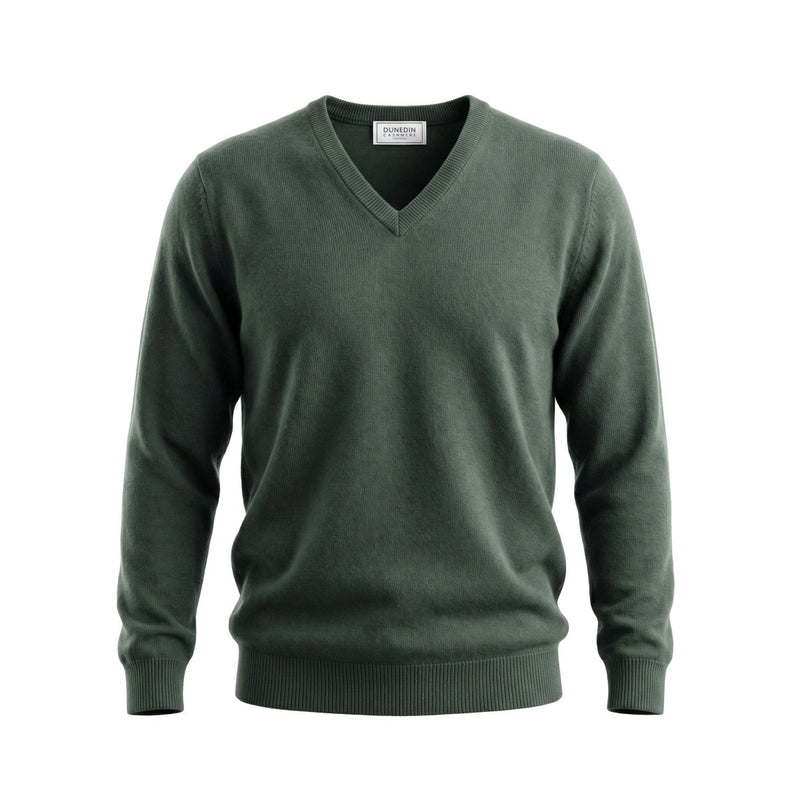 100% Cashmere Gents V Neck Plain Jumper KALE GREEN - Heritage Of Scotland - S