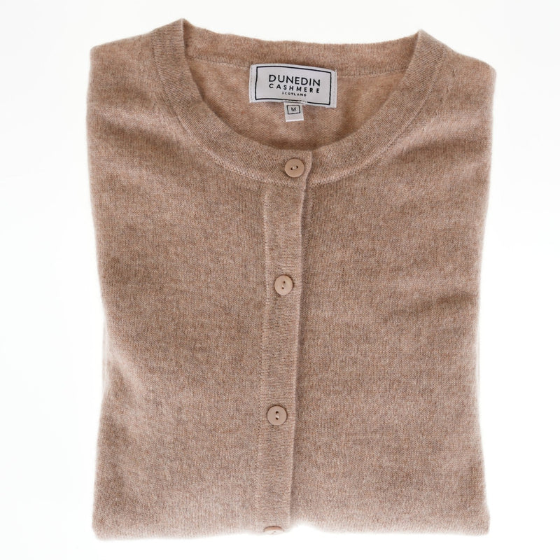 100% Cashmere Ladies Crew Cardigan Beige - Heritage Of Scotland - XS