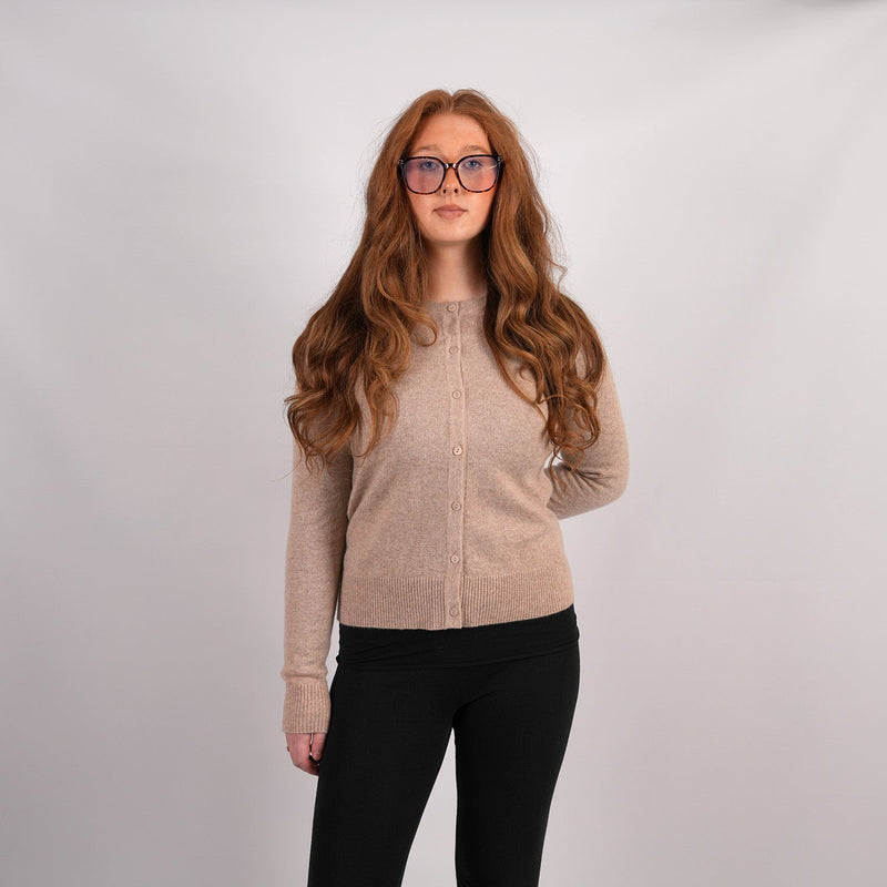 100% Cashmere Ladies Crew Cardigan Beige - Heritage Of Scotland - XS