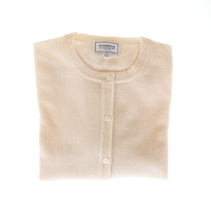 100% Cashmere Ladies Crew Cardigan - Cloud White - Heritage Of Scotland - XS