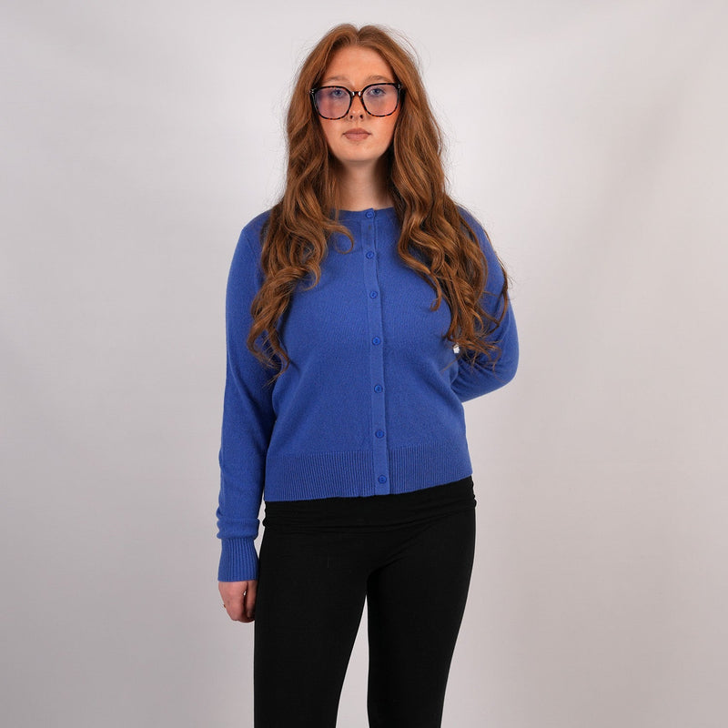 100% Cashmere Ladies Crew Cardigan - Cornflower - Heritage Of Scotland - XS