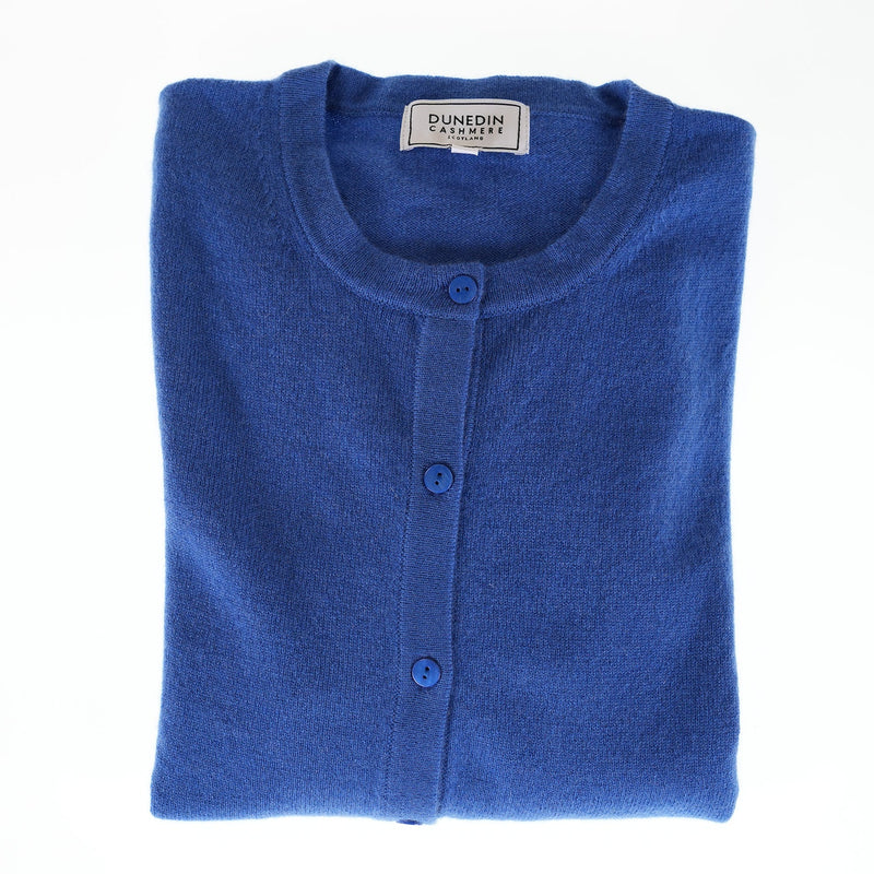 100% Cashmere Ladies Crew Cardigan - Cornflower - Heritage Of Scotland - XS