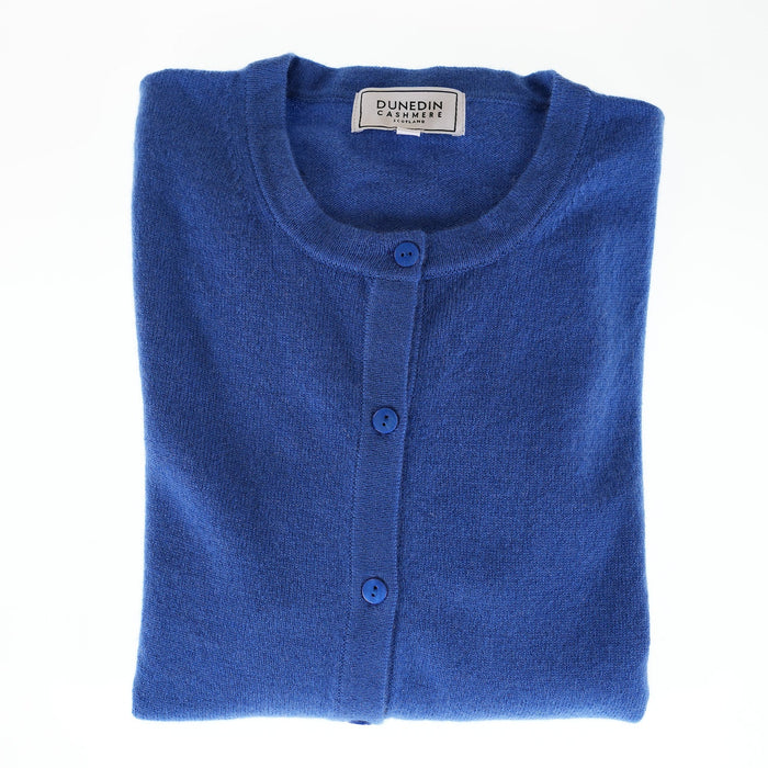 100% Cashmere Ladies Crew Cardigan - Cornflower - Heritage Of Scotland - XS