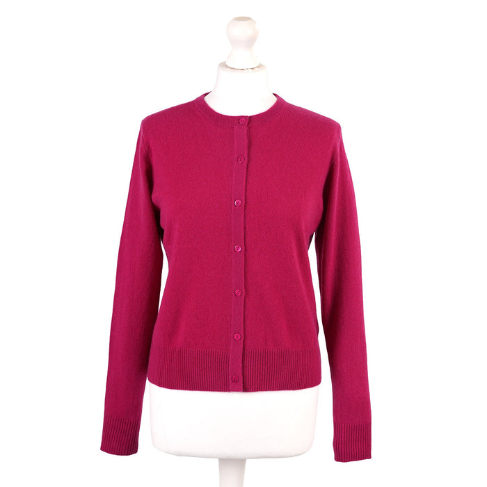 100% Cashmere Ladies Crew Cardigan - Fuchsia - Heritage Of Scotland - XS