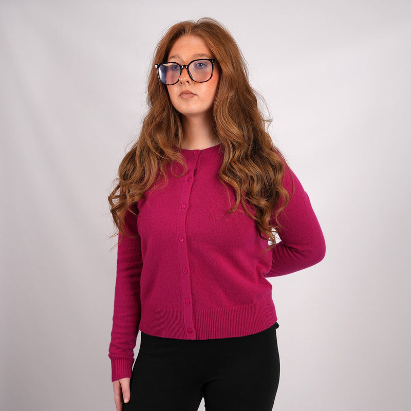 100% Cashmere Ladies Crew Cardigan - Fuchsia - Heritage Of Scotland - XS