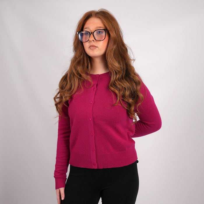 100% Cashmere Ladies Crew Cardigan - Fuchsia - Heritage Of Scotland - XS