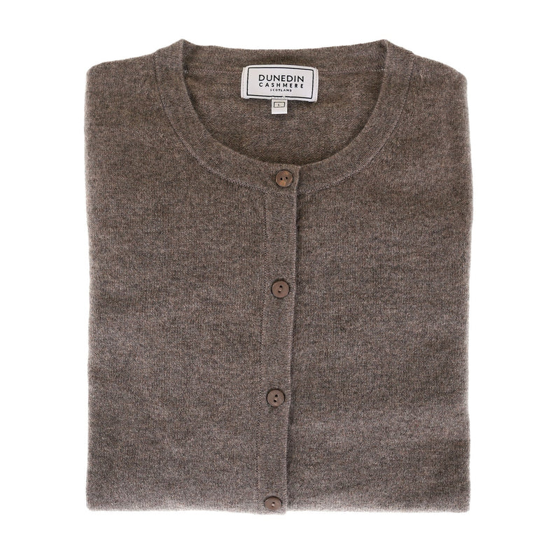 100% Cashmere Ladies Crew Cardigan - Vaper Mid Brown - Heritage Of Scotland - XS