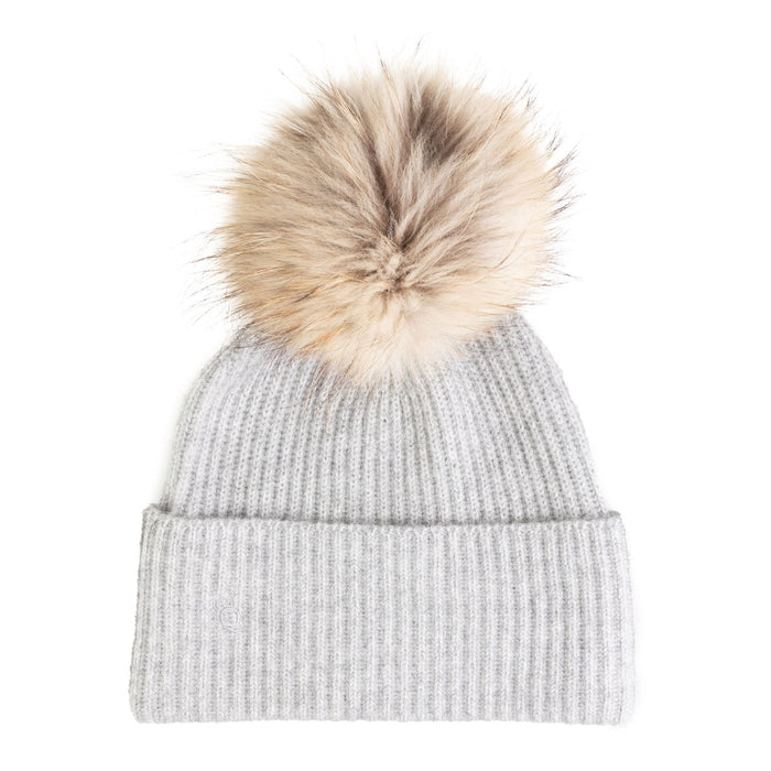 100% Cashmere Ladies Rib Hat With Pom Xl Silver Clay/Natural Pom - Heritage Of Scotland - SILVER CLAY/NATURAL POM