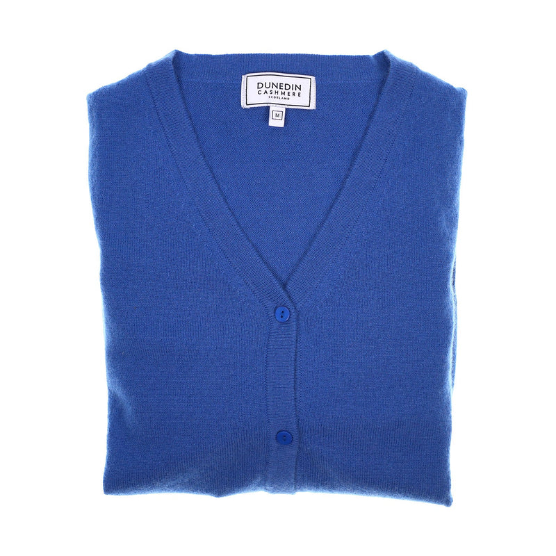 100% Cashmere Ladies V Neck Cardigan Cornflower - Heritage Of Scotland - XS