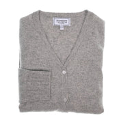 100% Cashmere Ladies V Neck Cardigan Oyster - Heritage Of Scotland - XS