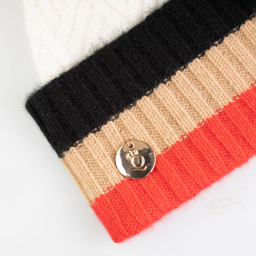 100% Cashmere Stripe Ladies Beanie Rf Cream Mix/White Pom - Heritage Of Scotland - CREAM MIX/WHITE POM