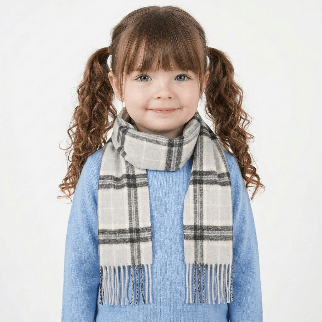 100% Cashmere Tartan Mini Scarf for Kids - Soft Children’s Luxury Scarf - THOMSON PALE GREY - Heritage Of Scotland -