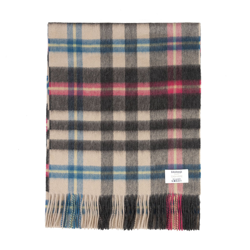 100% Cashmere Wide Tartan Scarf Mile Check - Pearl/Pewter - Heritage Of Scotland - Mile Check - Pearl/Pewter