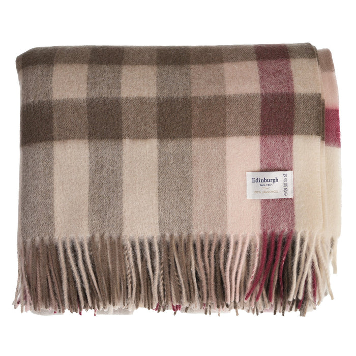100% Lambswool Blanket – Soft, Warm & Luxury Checked Throw - Heritage Of Scotland - GIANT CHEQUER - PINK/TAUPE