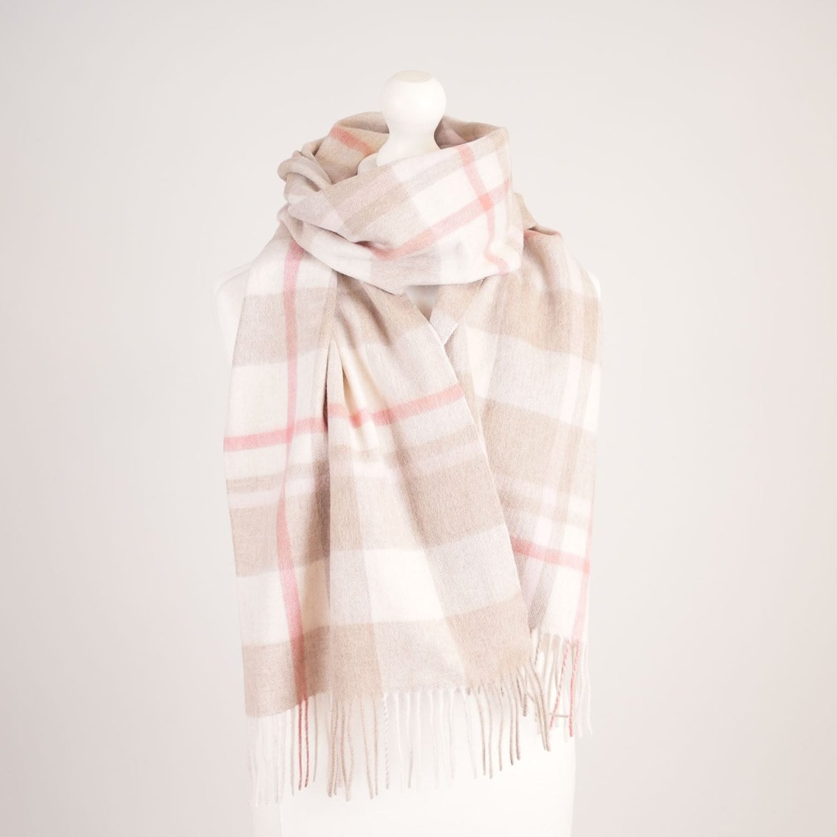 100% Lambswool Wide Scarf Medieval Check - Orient Beige and Coral - Heritage Of Scotland -