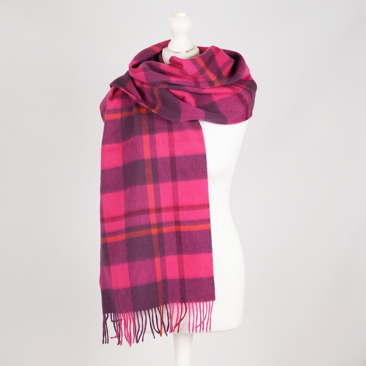 100% Lambswool Wide Scarf Soft Unisex Winter Wrap Heritage of Scotland - Medieval Check - Cyclamen Pink and Eminence - Heritage Of Scotland -