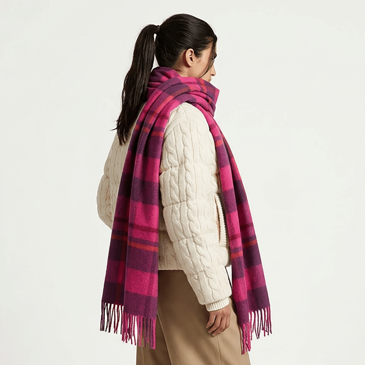 100% Lambswool Wide Scarf Soft Unisex Winter Wrap Heritage of Scotland - Medieval Check - Cyclamen Pink and Eminence - Heritage Of Scotland -