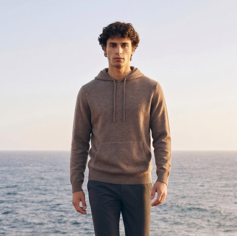 100% Merino Wool Hoodie with Pouch Pocket – BROWN MELANGE - Heritage Of Scotland - S