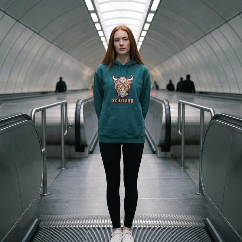 Adults Pastel Highland Cow Hooded Top Teal