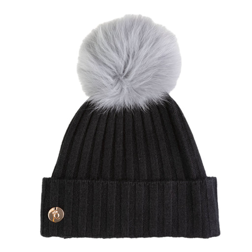 30% Cashmere Ladies Ava Rib Pom Pom Hat Black/Grey Mix Pom - Heritage Of Scotland - BLACK/GREY MIX POM