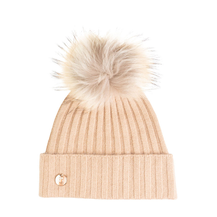 30% Cashmere Ladies Ava Rib Pom Pom Hat Hazelnut/Natural Pom - Heritage Of Scotland - HAZELNUT/NATURAL POM