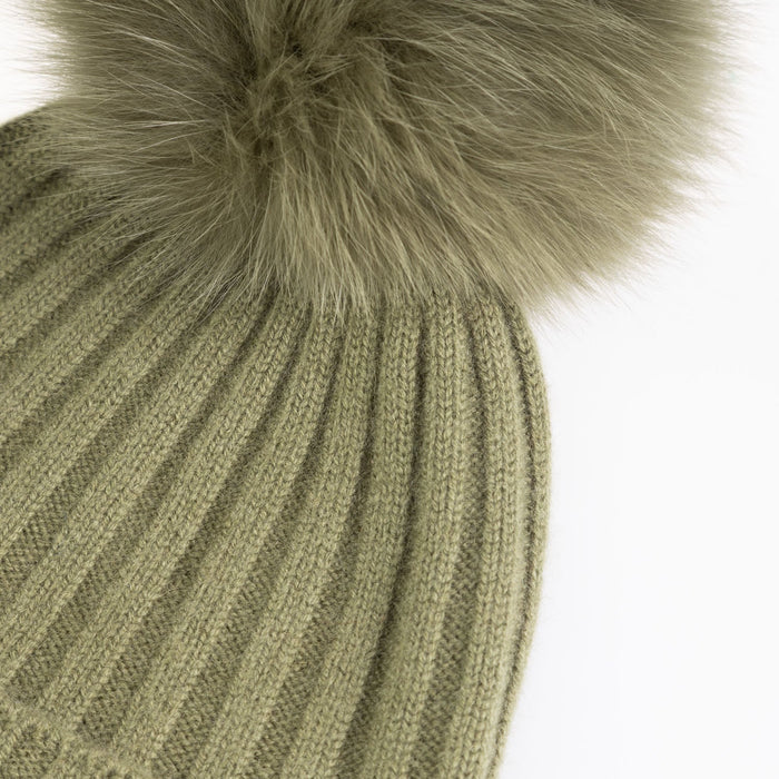 30% Cashmere Ladies Ava Rib Pom Pom Hat Olive/Olive Pom - Heritage Of Scotland - OLIVE/OLIVE POM