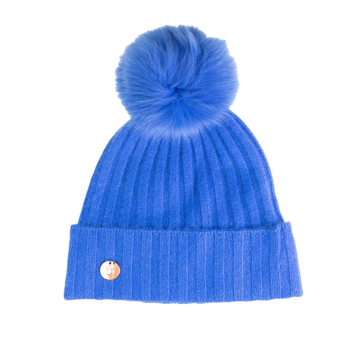 30% Cashmere Ladies Ava Rib Pom Pom Hat Skydiver/Skydiver Pom - Heritage Of Scotland - SKYDIVER/SKYDIVER POM