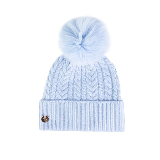 30% Cashmere Ladies Evecable Pom Pom Hat Angel/White Pom - Heritage Of Scotland - ANGEL/WHITE POM