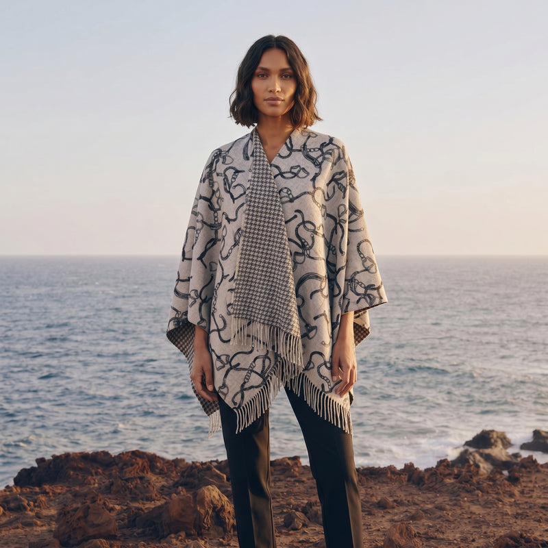 Luxury Chain Print Cashmere Cape - GREY