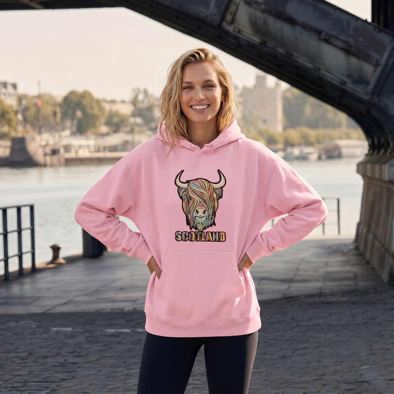 Adults Pastel Highland Cow Hooded Top - Cherry Blossom