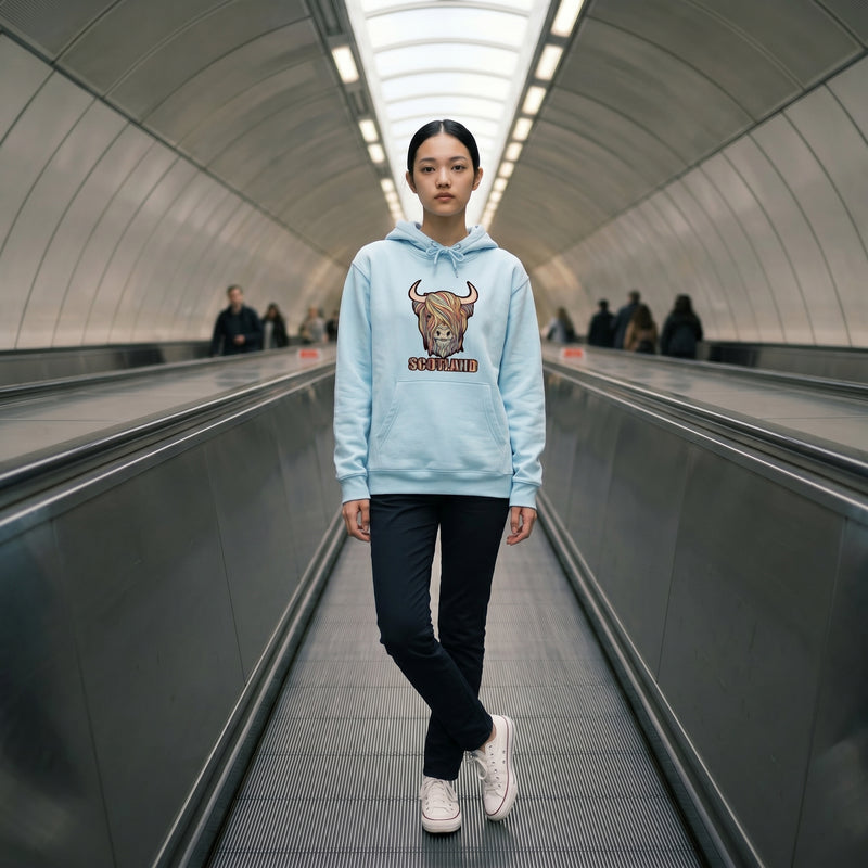 Adults Pastel Highland Cow Hooded Top Aqua