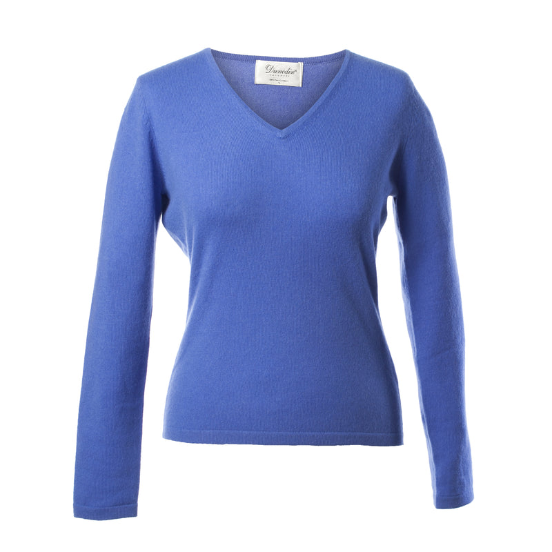 Dunedin Cashmere Women’s 100% Cashmere V-Neck Jumper – Cornflower