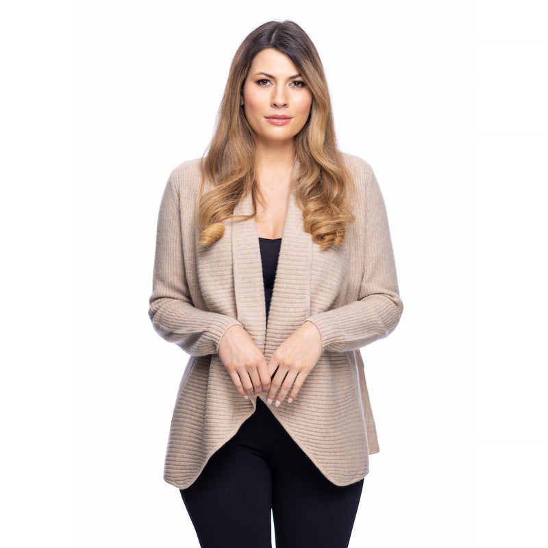Damen Kaschmir 2 Ply Ribbed Plain Cardigan Sand Beige