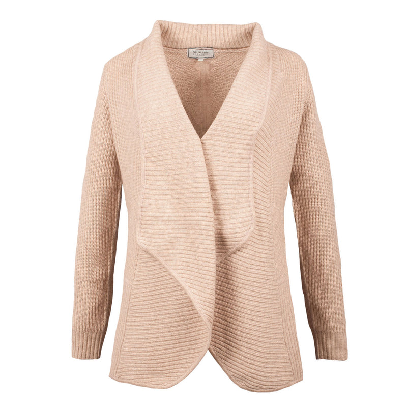 Damen Kaschmir 2 Ply Ribbed Plain Cardigan Sand Beige