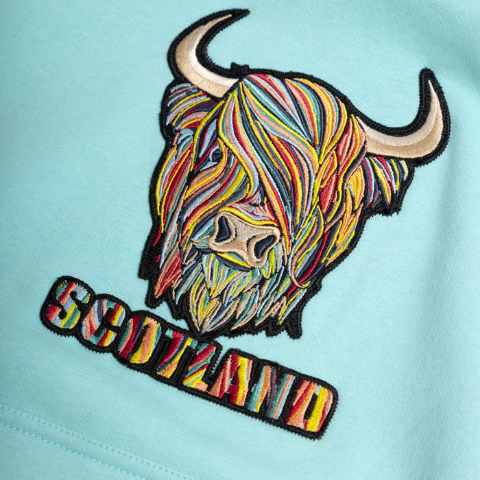 Kids Pastel Highland Cow Hooded Top Aqua