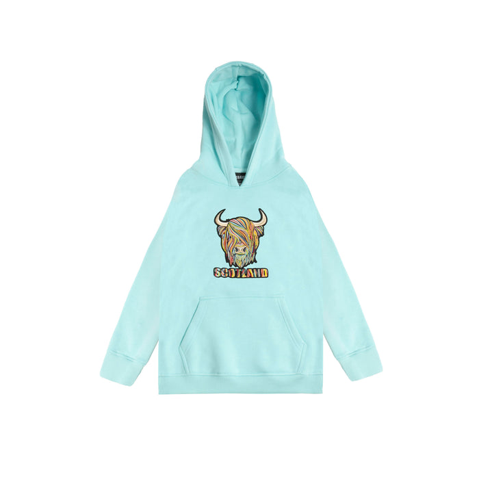 Kids Pastel Highland Cow Hooded Top Aqua