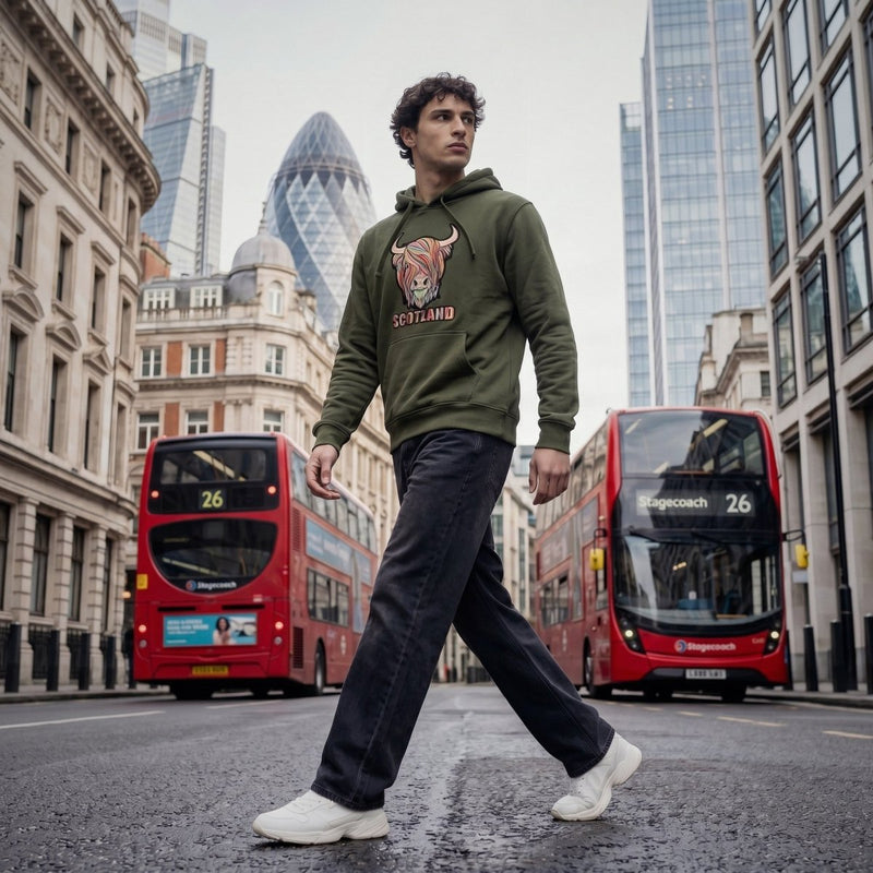 Adults Pastel Highland Cow Hooded Top – Asparagus Green - Heritage Of Scotland - XS