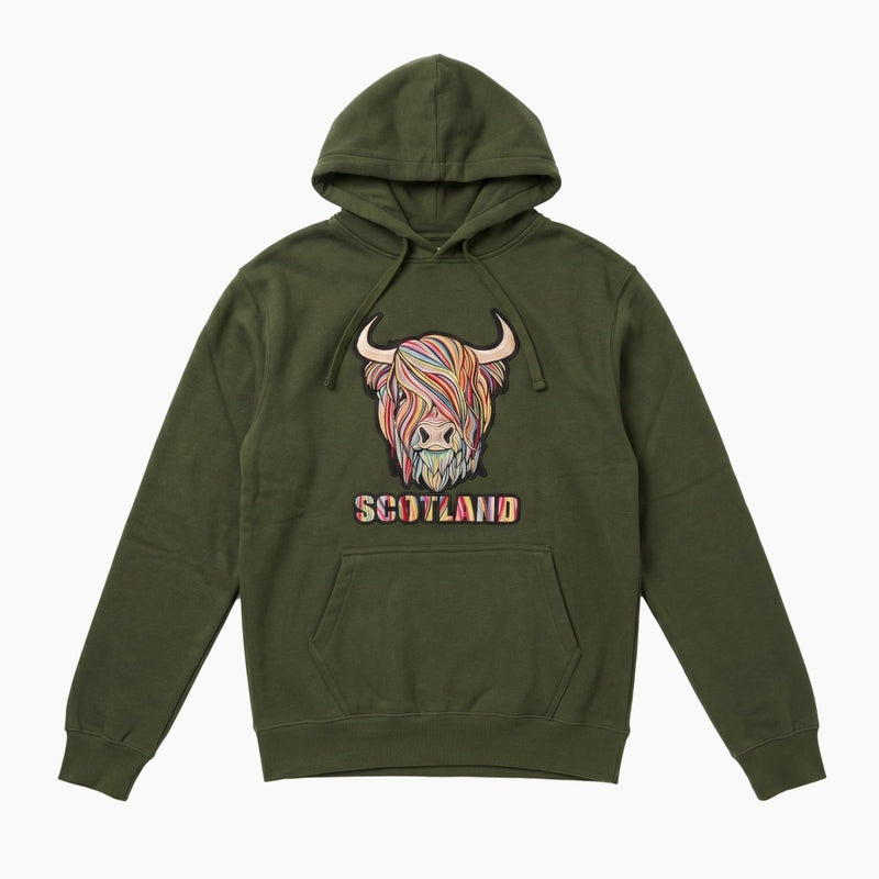 Adults Pastel Highland Cow Hooded Top – Asparagus Green - Heritage Of Scotland - XS