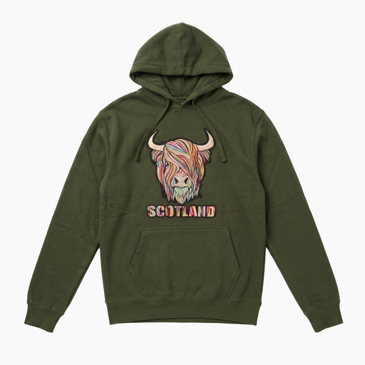 Adults Pastel Highland Cow Hooded Top – Asparagus Green - Heritage Of Scotland - XS